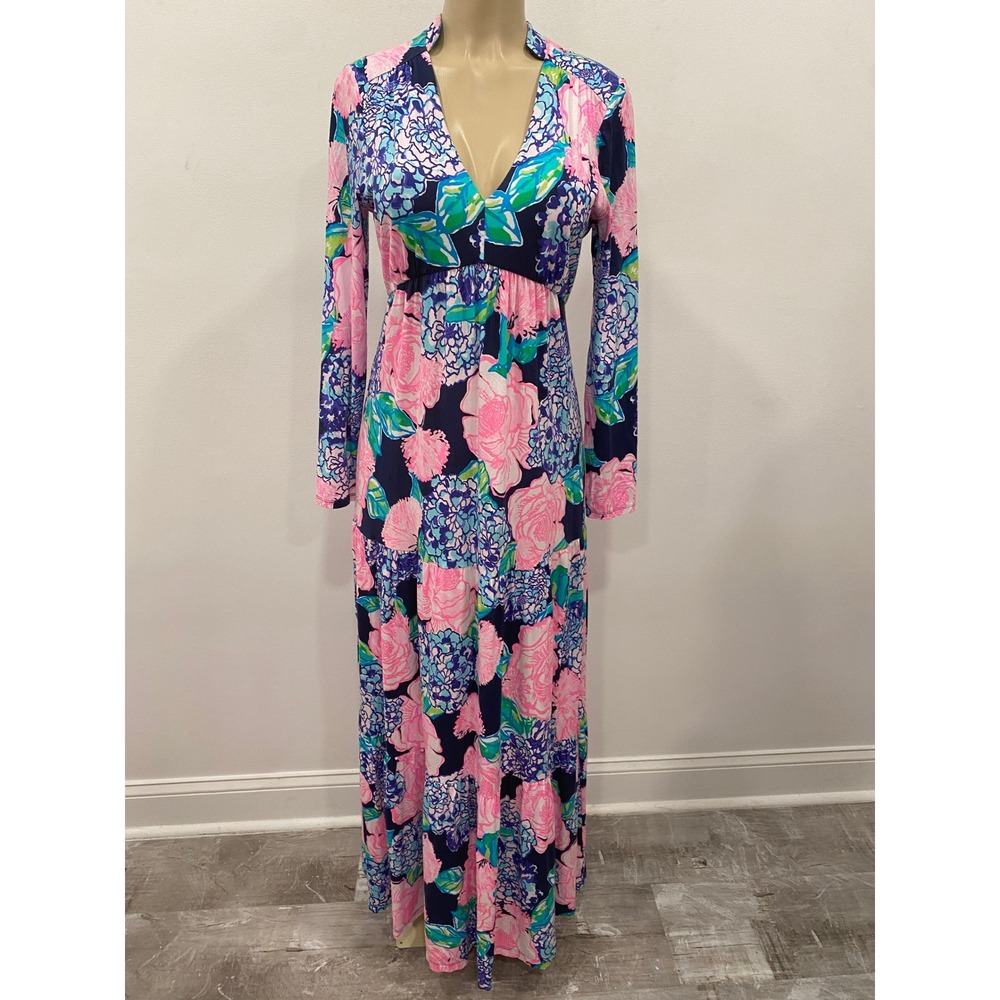 Lilly Pulitzer Martinique Tiered Maxi Dress Womens MED Navy Blue Floral Resort - Picture 2 of 16